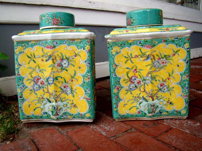 A beautiful PAIR of Chinese green and yellow covered tea jars, 20th century